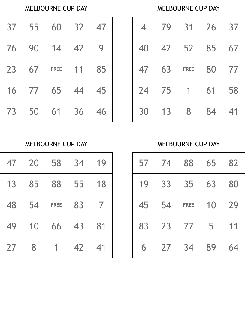 MELBOURNE CUP DAY Bingo Cards