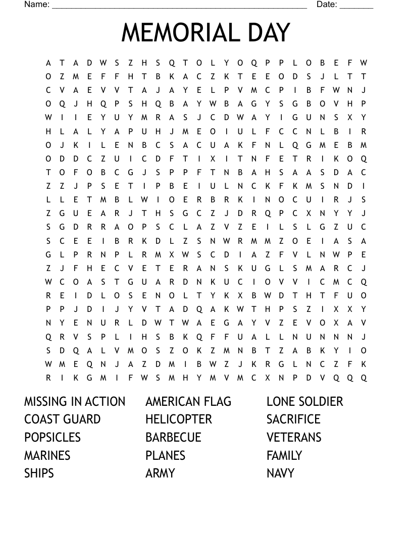 MEMORIAL DAY Word Search