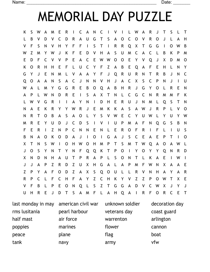 MEMORIAL DAY PUZZLE Word Search