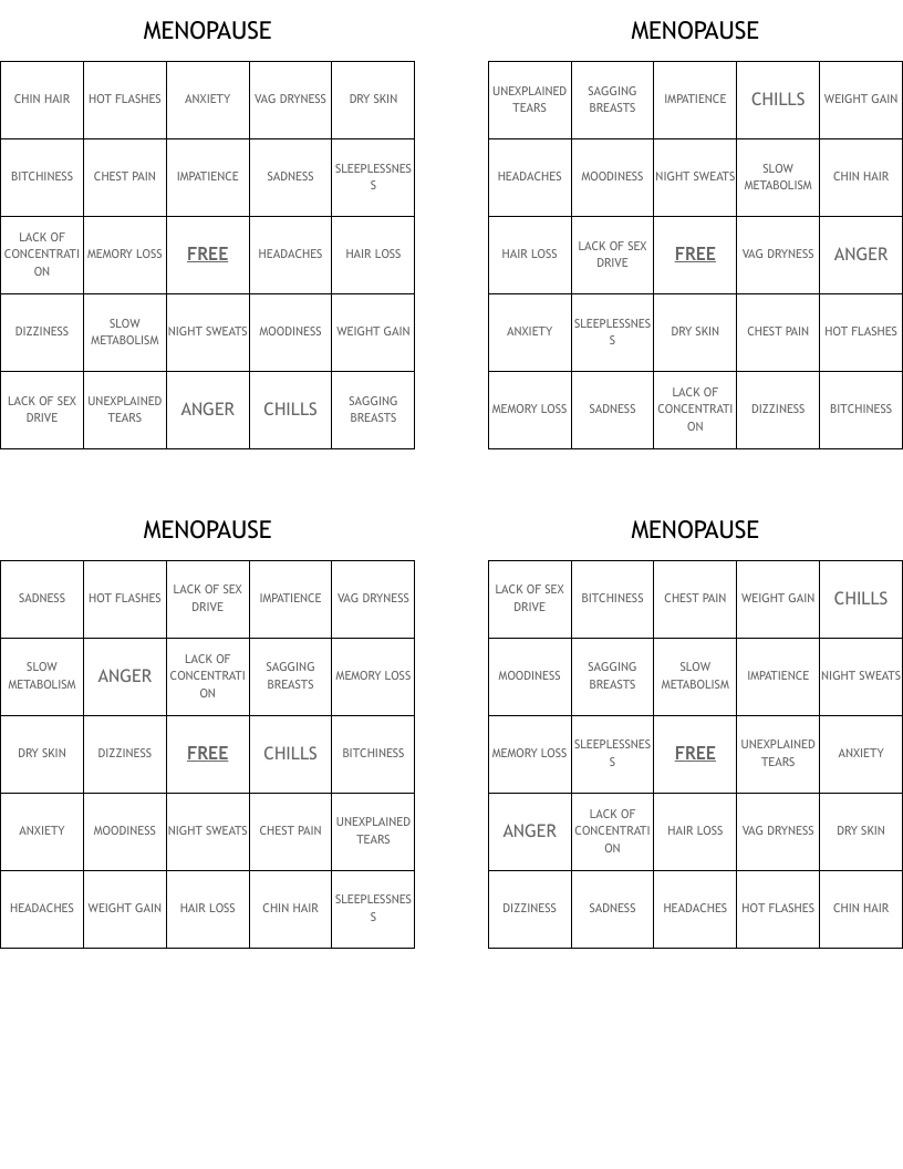 MENOPAUSE Bingo Cards