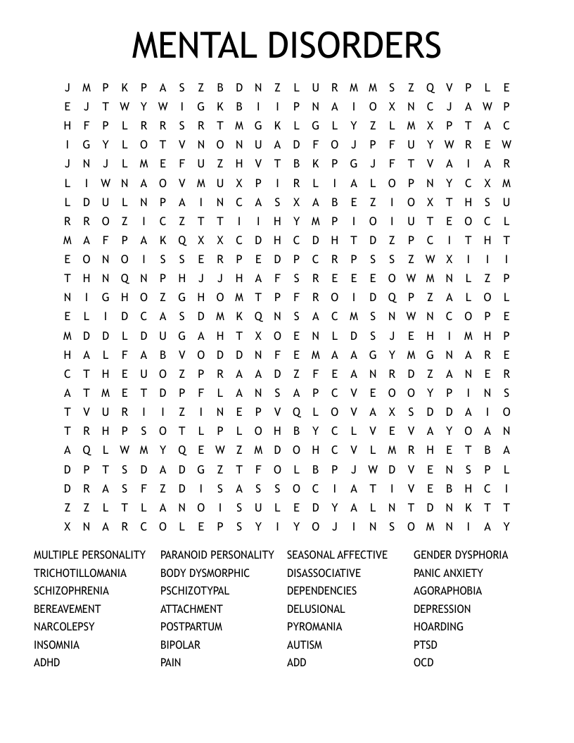 MENTAL DISORDERS Word Search