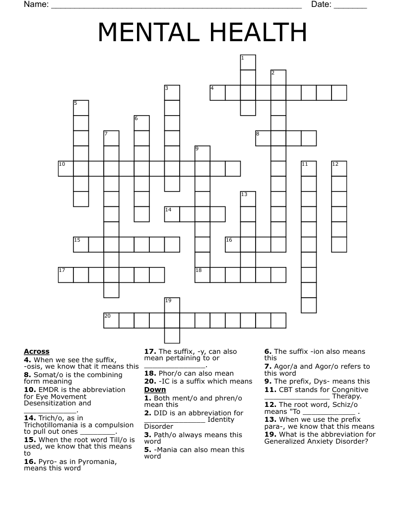 MENTAL HEALTH Crossword