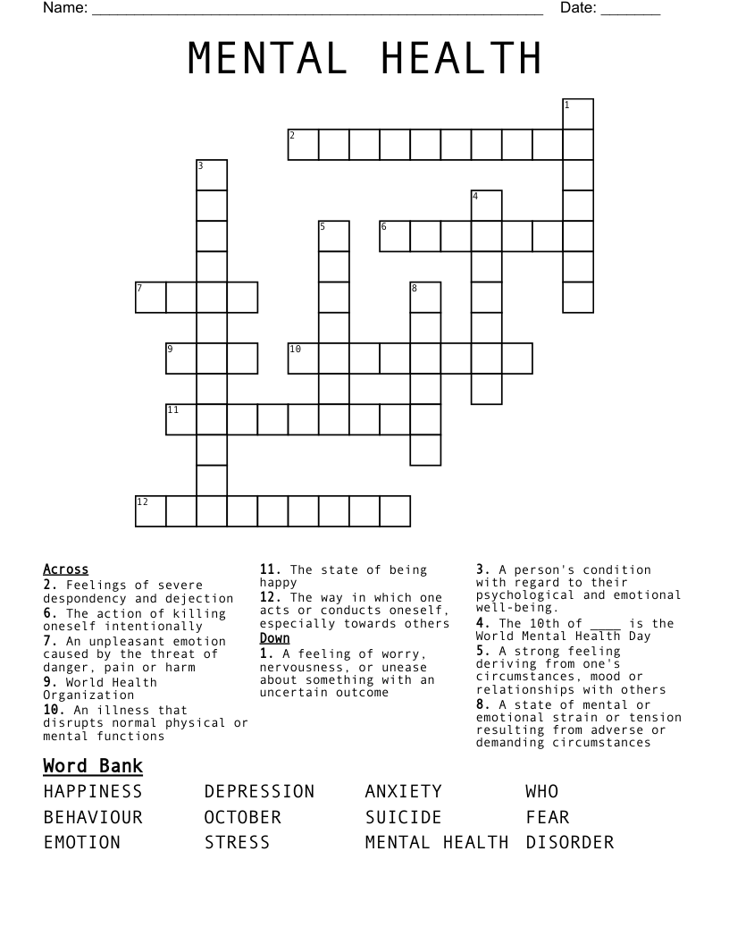 MENTAL HEALTH  Crossword