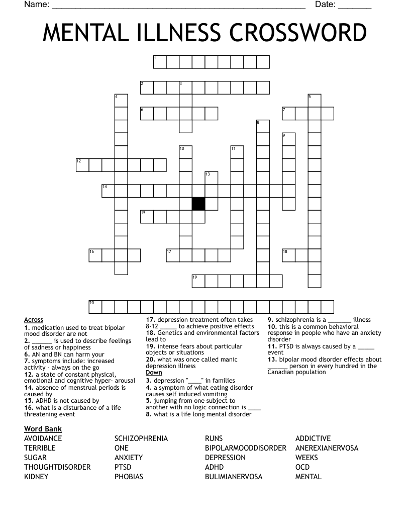 MENTAL ILLNESS CROSSWORD
