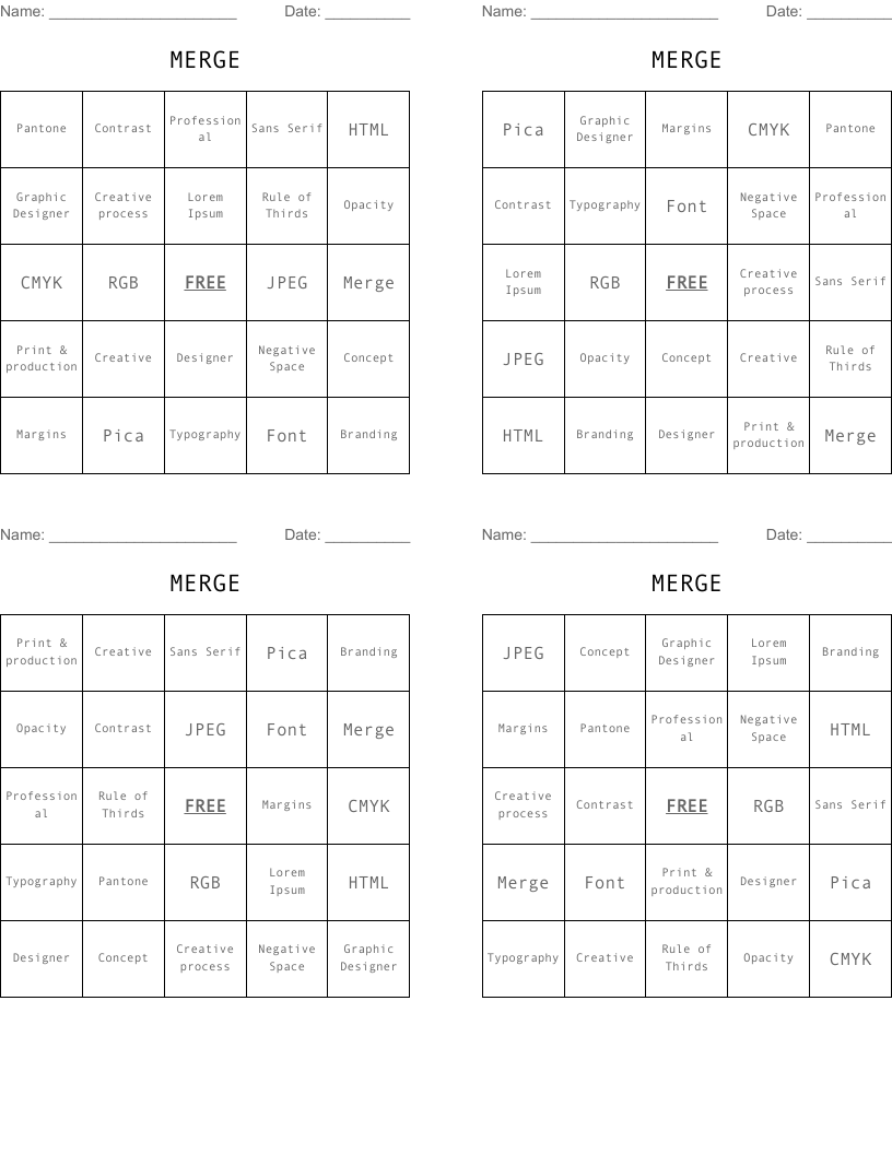 MERGE Bingo Cards