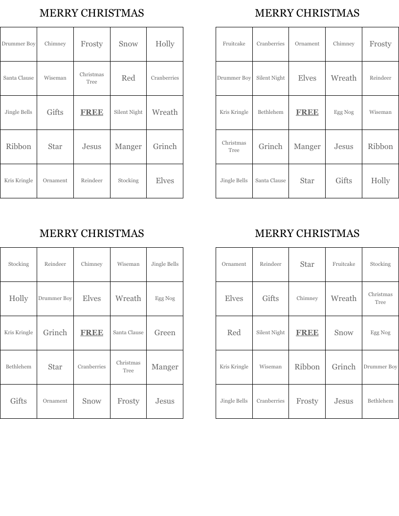 MERRY CHRISTMAS Bingo Cards