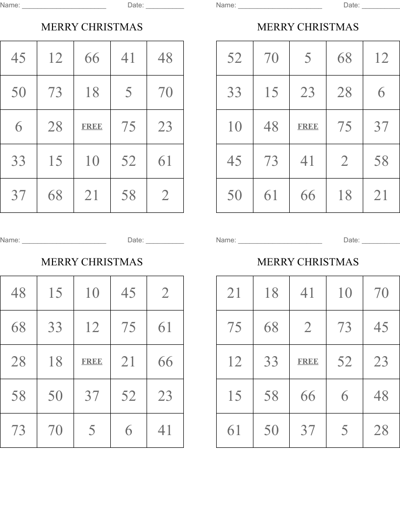 MERRY CHRISTMAS Bingo Cards