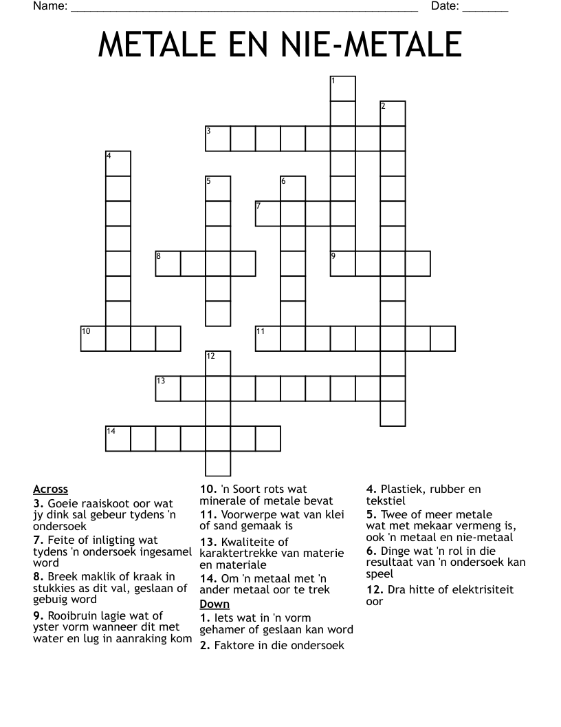 METALE EN NIE-METALE Crossword