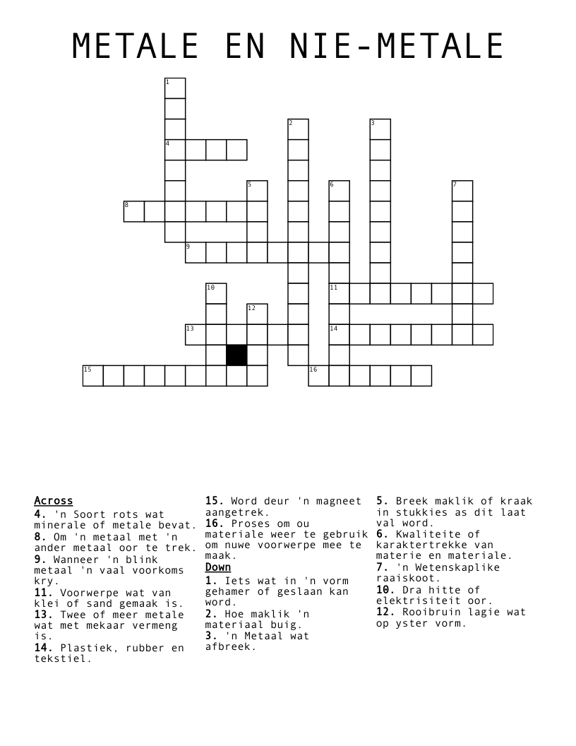 METALE EN NIE-METALE Crossword