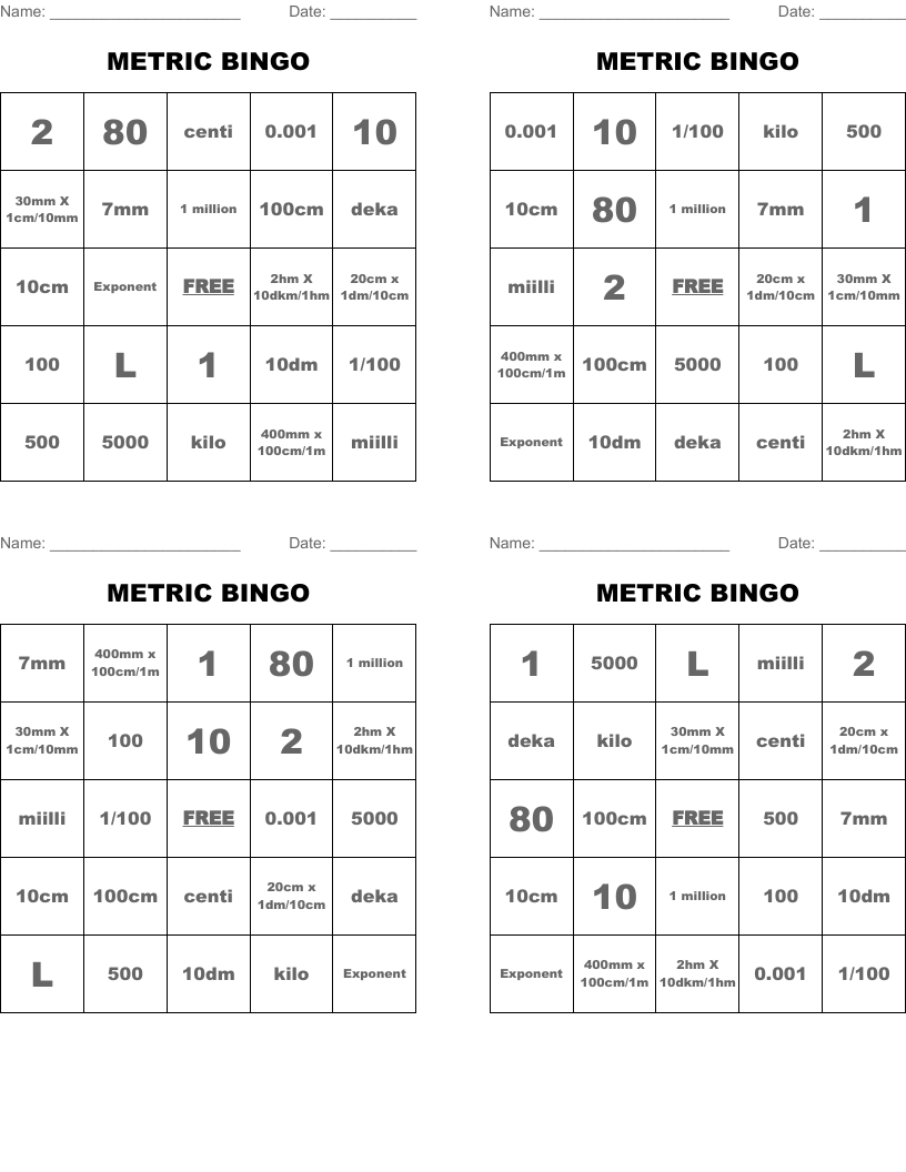 METRIC BINGO