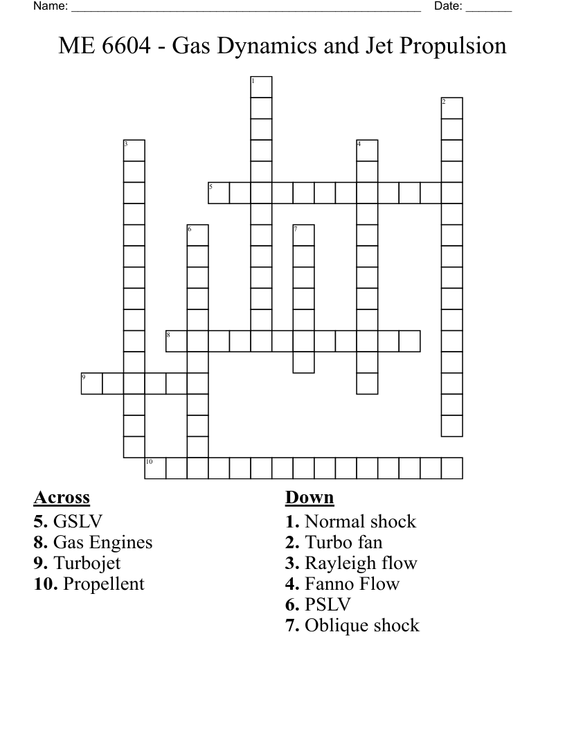 ME 6604 - Gas Dynamics and Jet Propulsion Crossword
