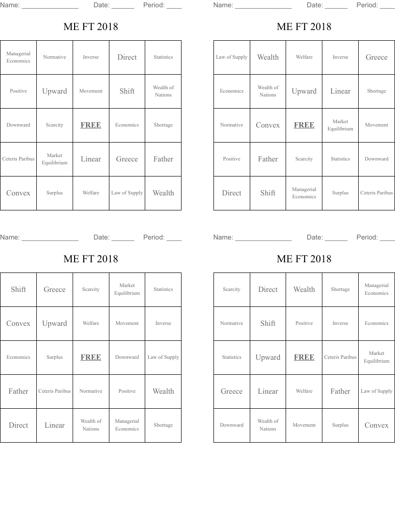 ME FT 2018 Bingo Cards