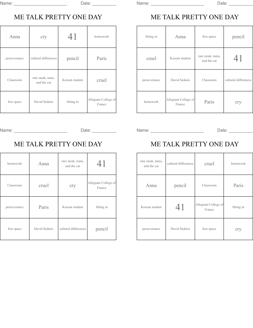 ME TALK PRETTY ONE DAY Bingo Cards
