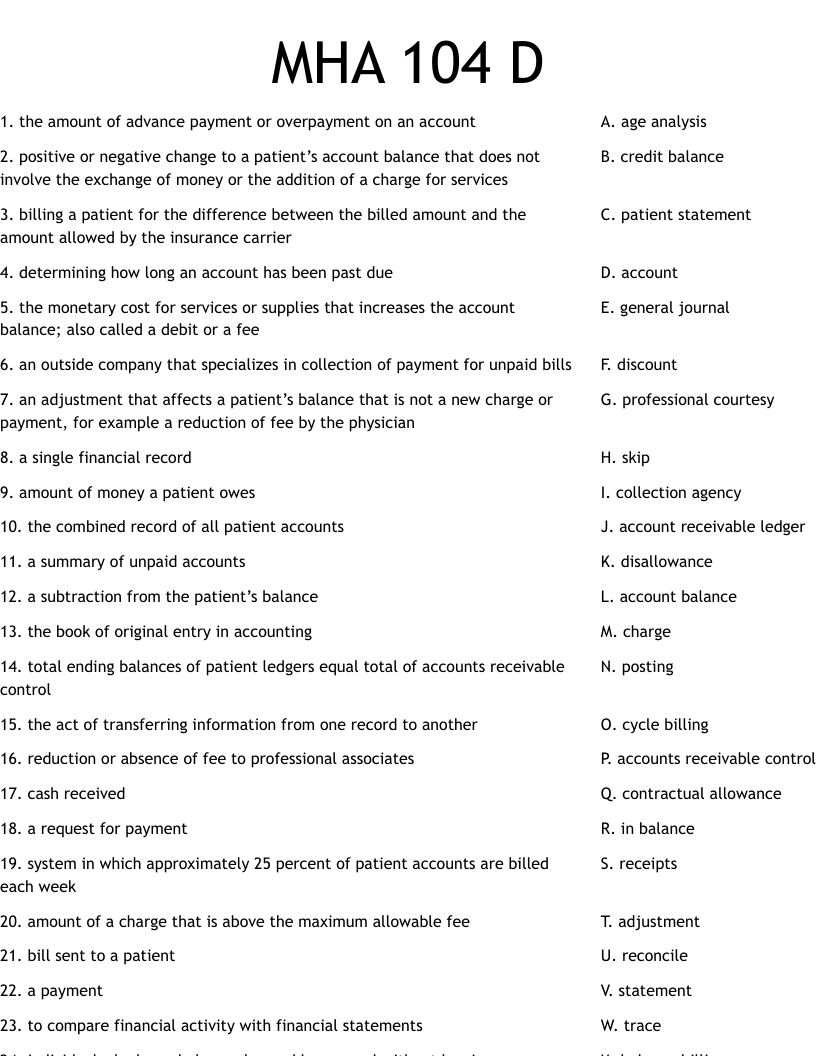 MHA 104 D  Worksheet