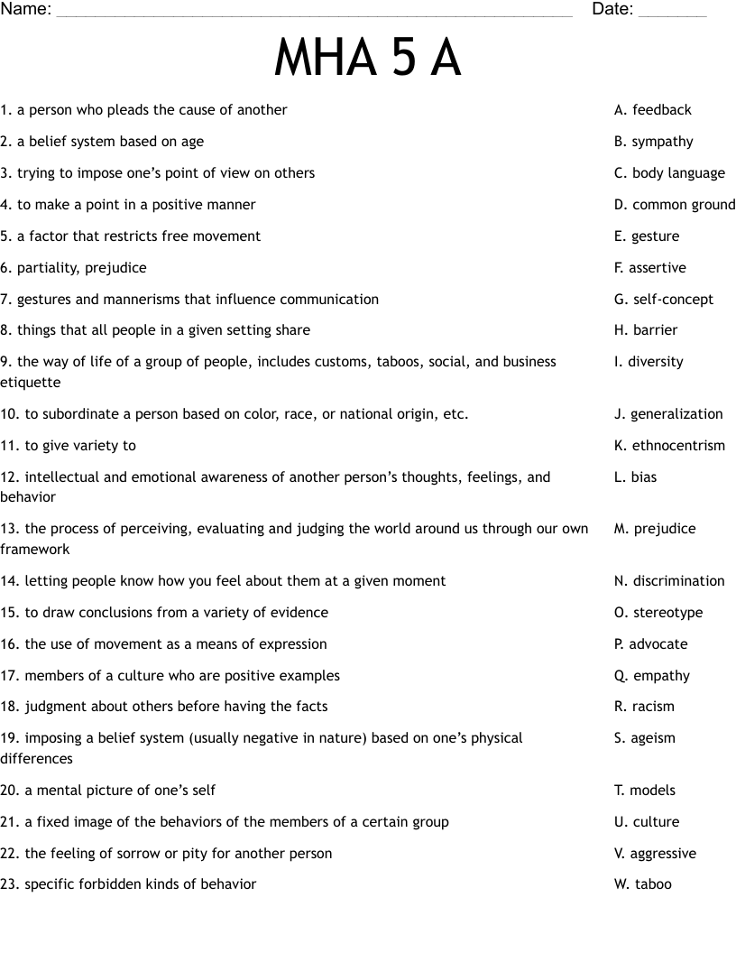 MHA 5 A Worksheet