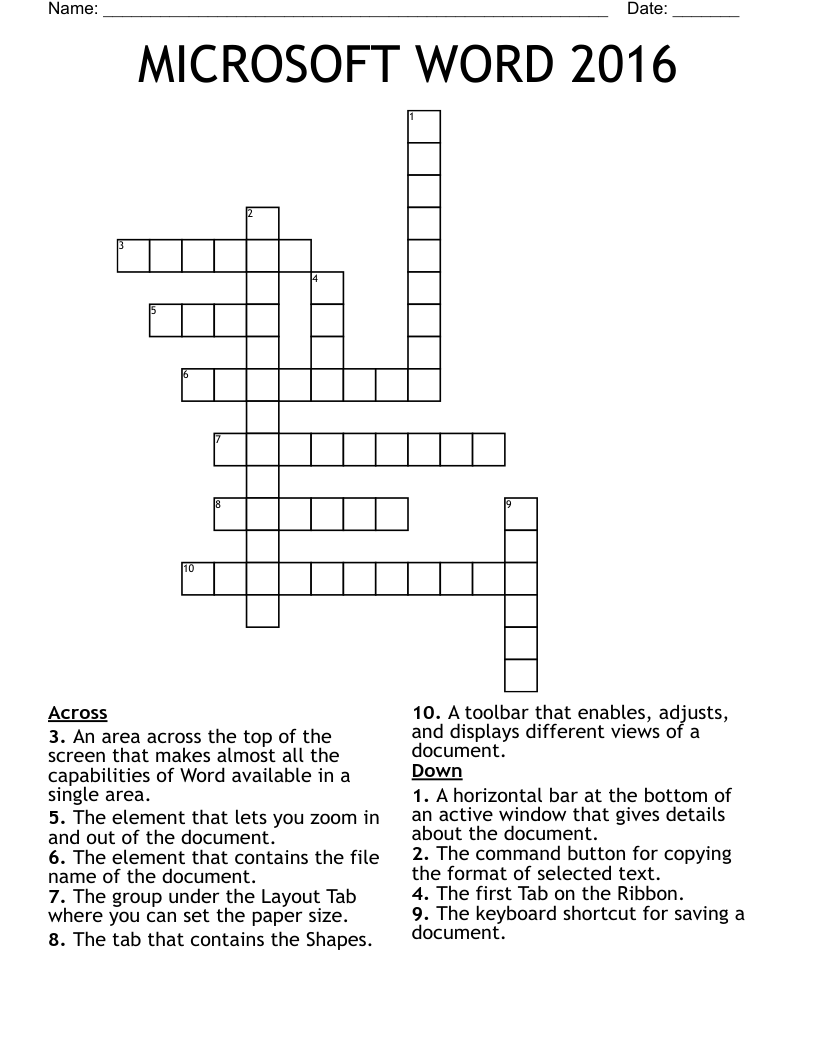 MICROSOFT WORD 2016 Crossword