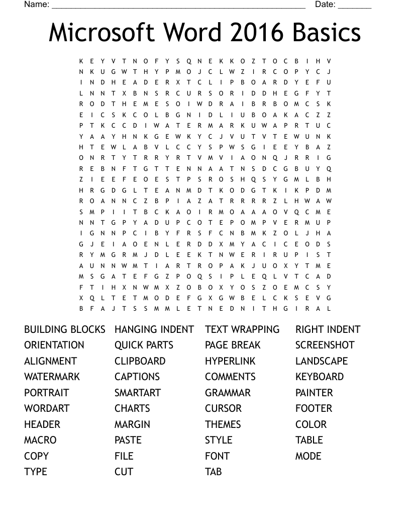 Microsoft Word 2019 Basics Word Search