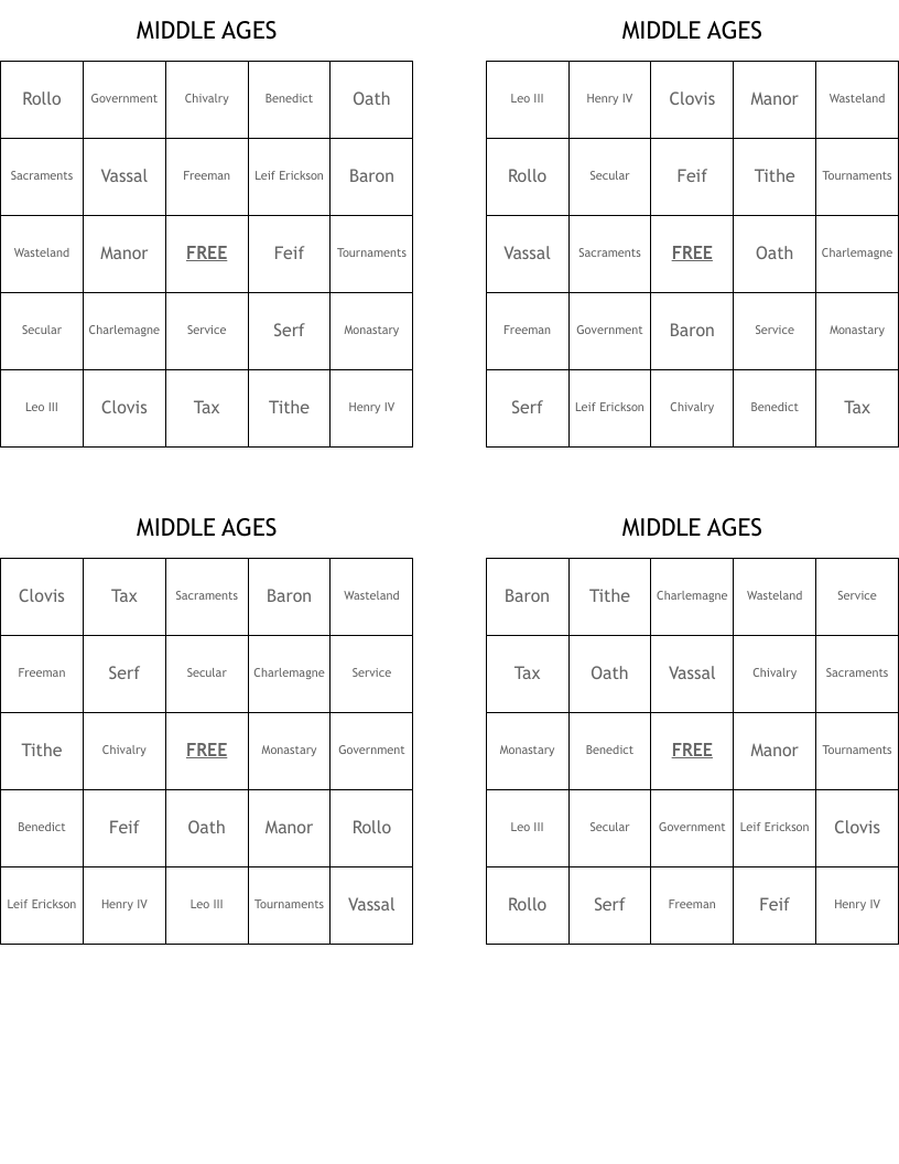 MIDDLE AGES Bingo Cards