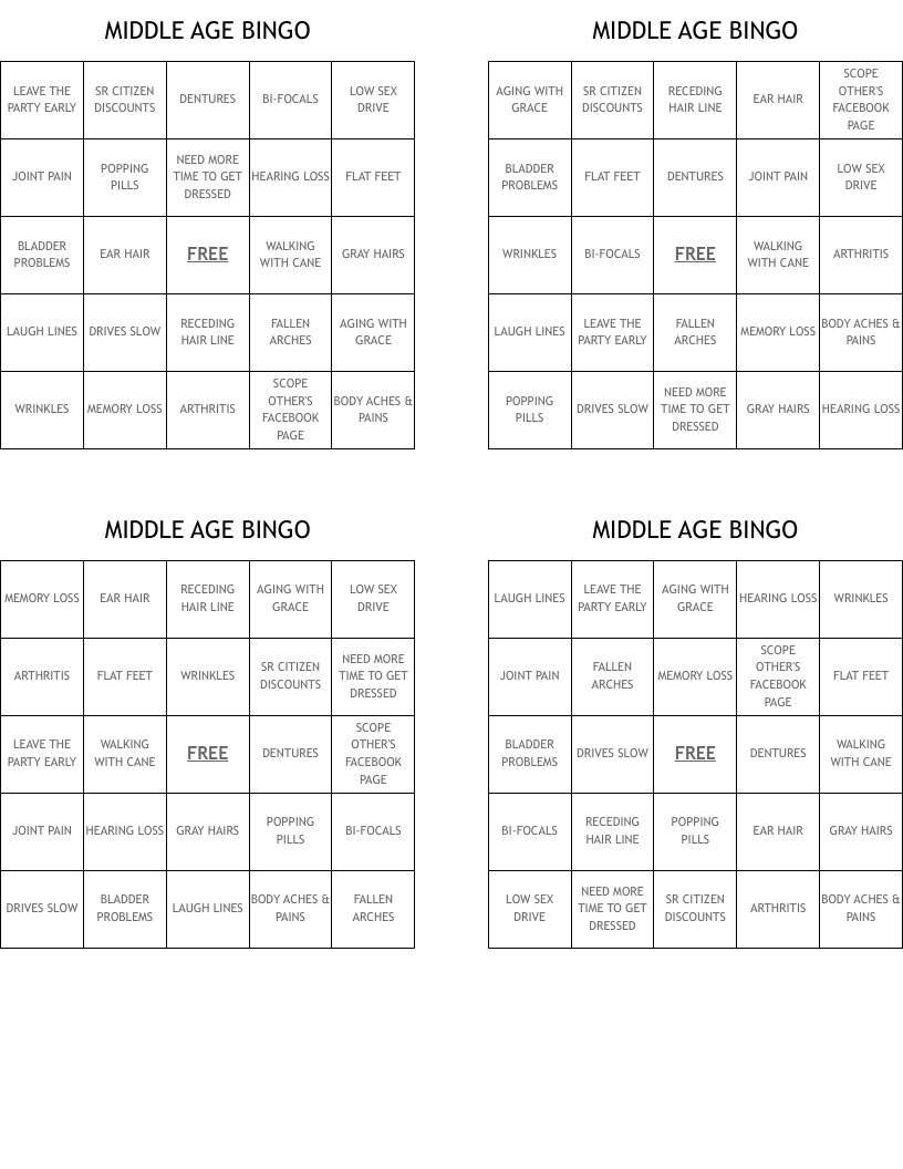 MIDDLE AGE BINGO