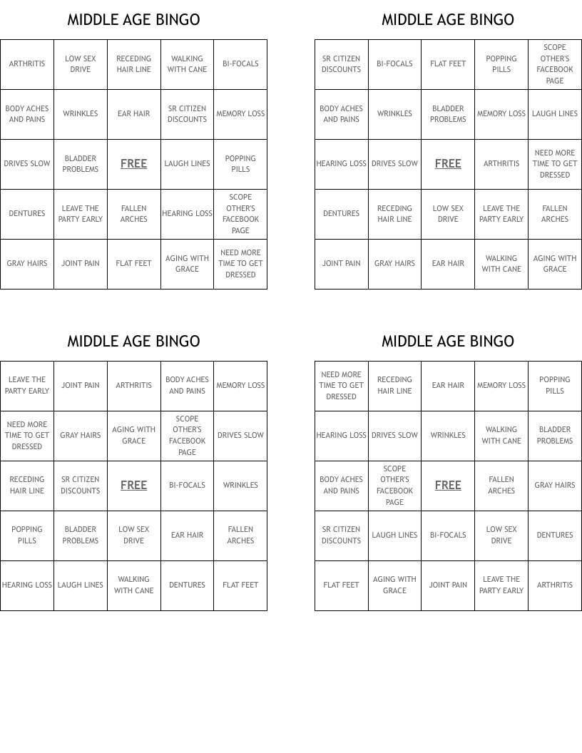 MIDDLE AGE BINGO