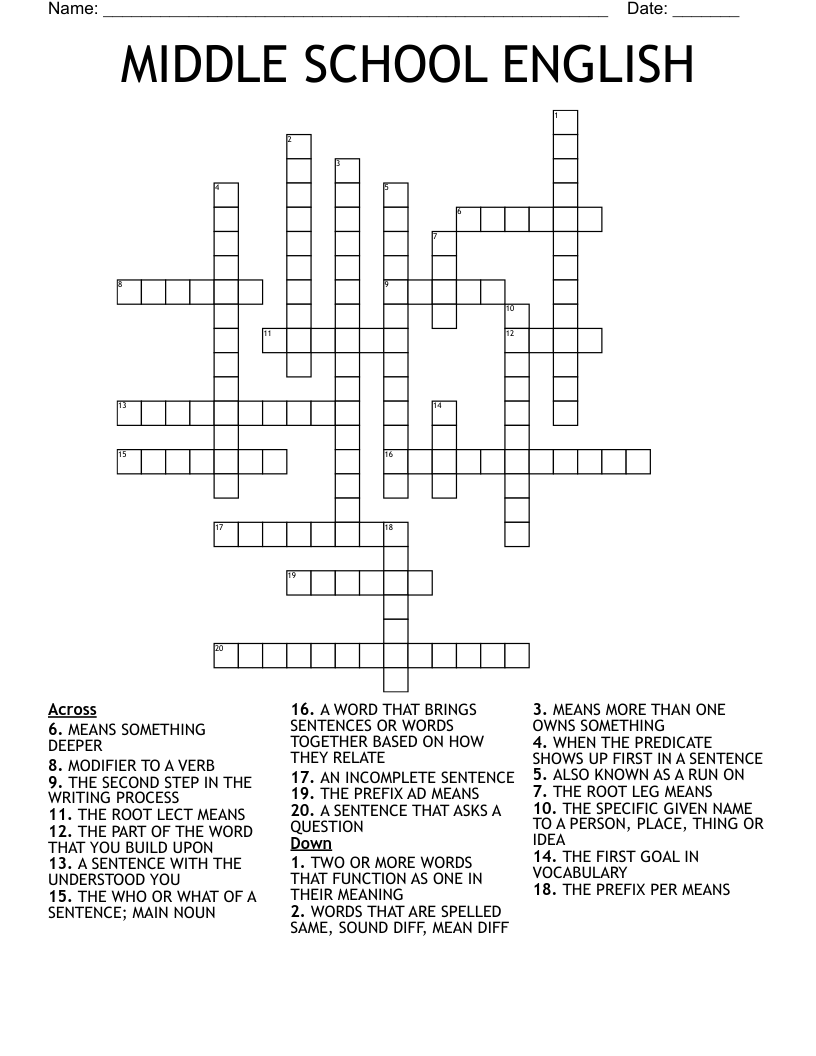 MIDDLE SCHOOL ENGLISH Crossword