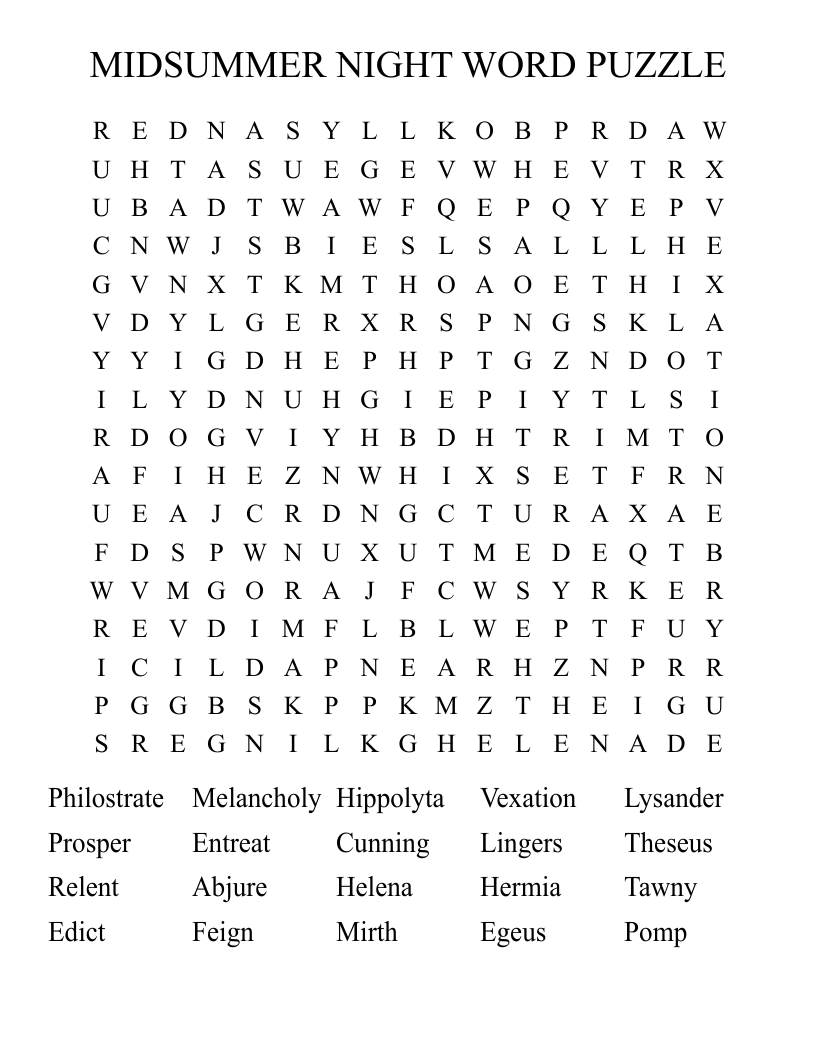 MIDSUMMER NIGHT WORD PUZZLE  Word Search