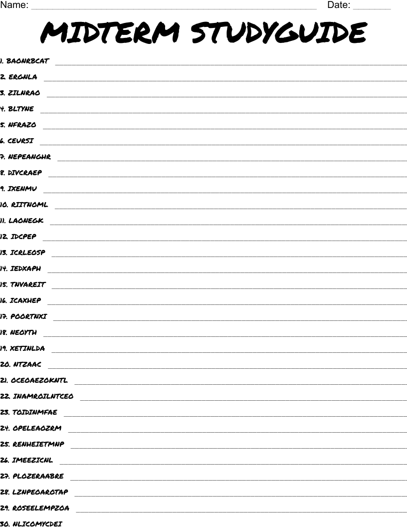MIDTERM STUDYGUIDE Word Scramble