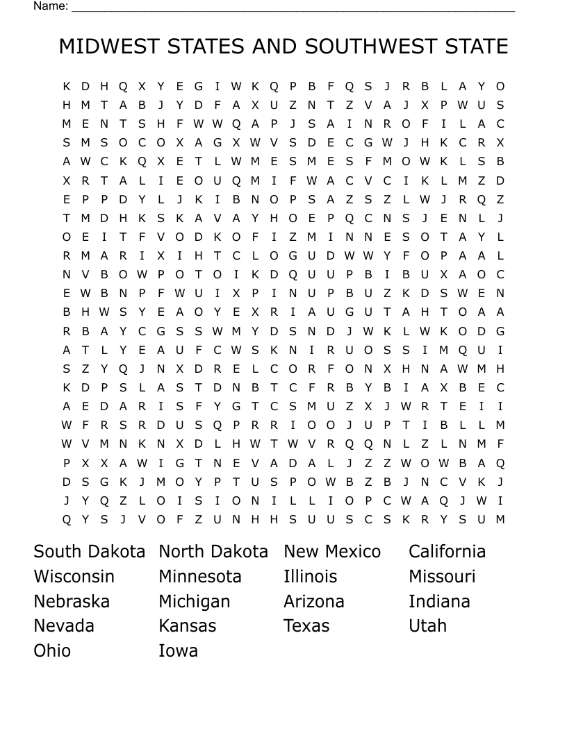 MIDWEST STATES AND SOUTHWEST STATE Word Search