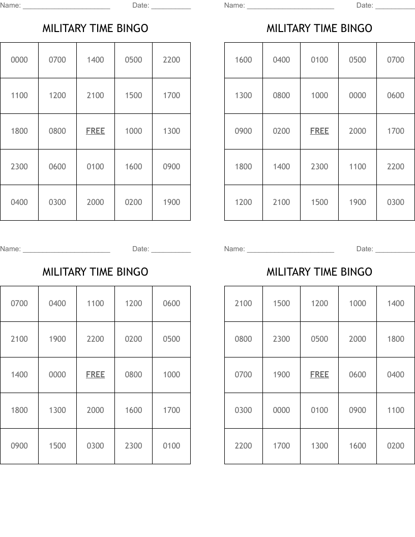 MILITARY TIME BINGO