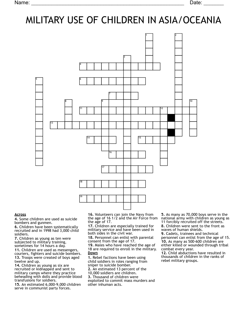 MILITARY USE OF CHILDREN IN ASIA/OCEANIA Crossword