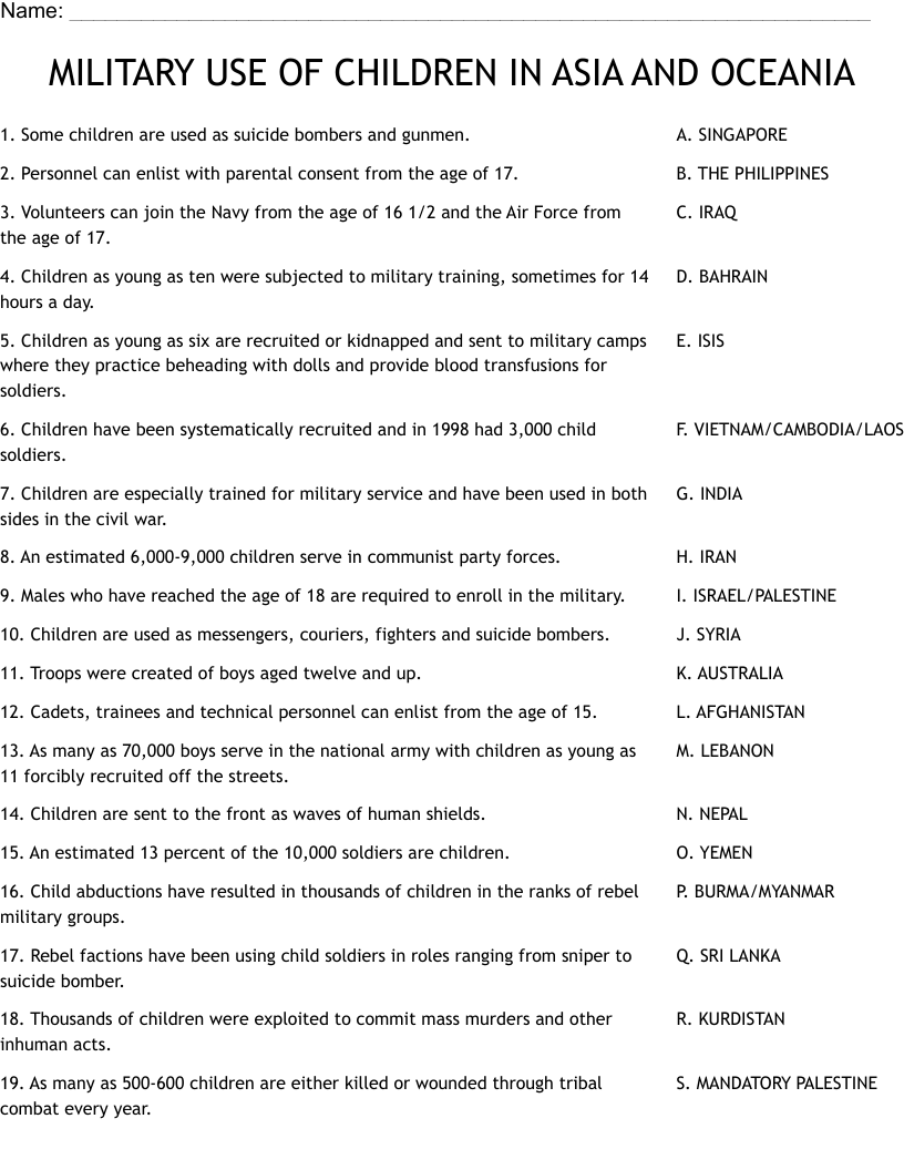 MILITARY USE OF CHILDREN IN ASIA AND OCEANIA Worksheet
