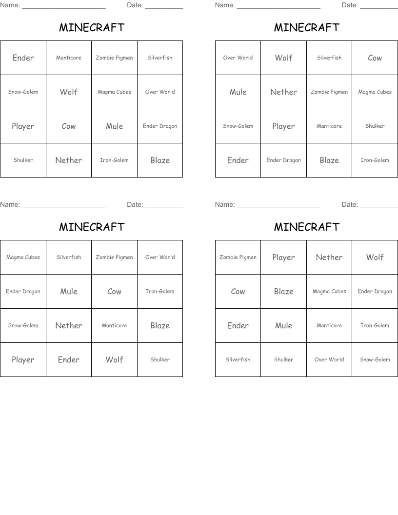 MINECRAFT Bingo Cards