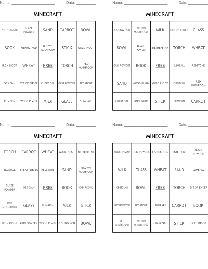 MINECRAFT Bingo Cards
