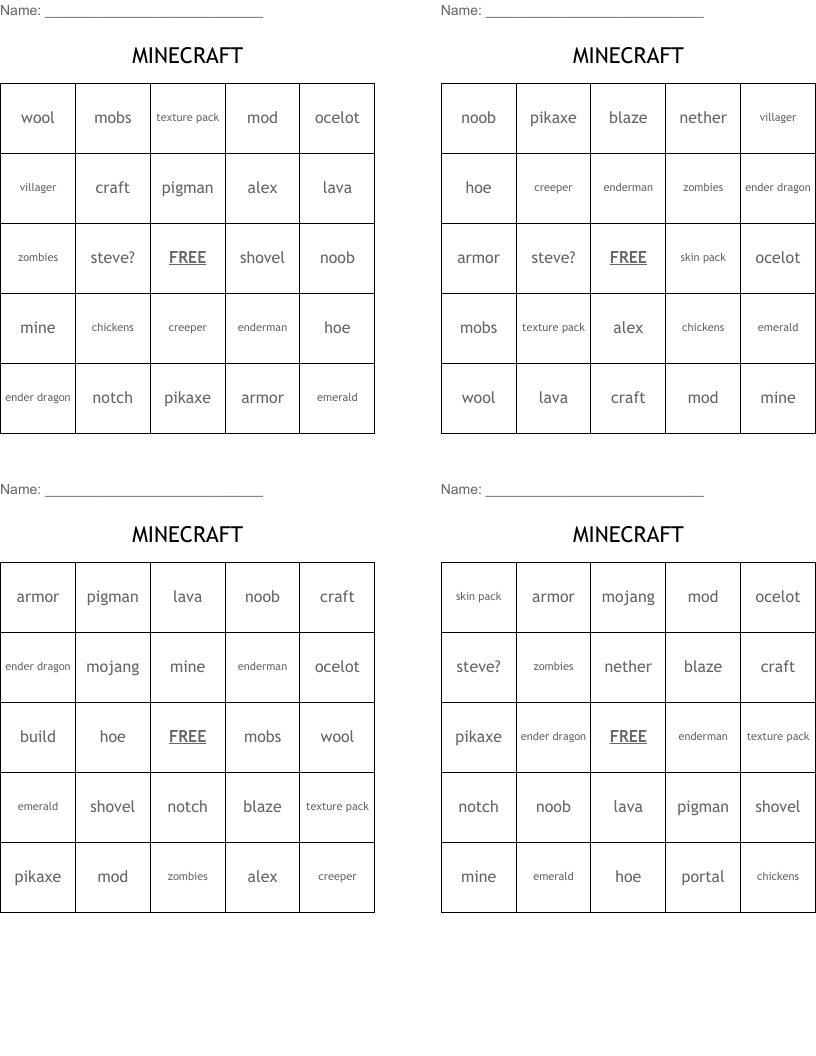 MINECRAFT Bingo Cards