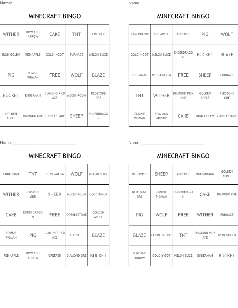 MINECRAFT BINGO