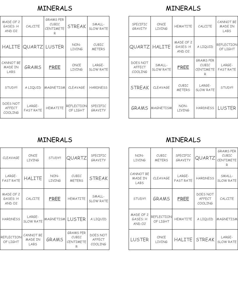 MINERALS Bingo Cards