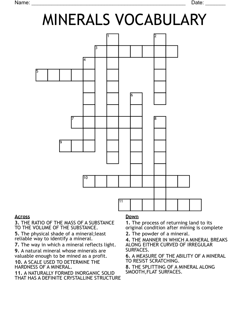 MINERALS VOCABULARY Crossword