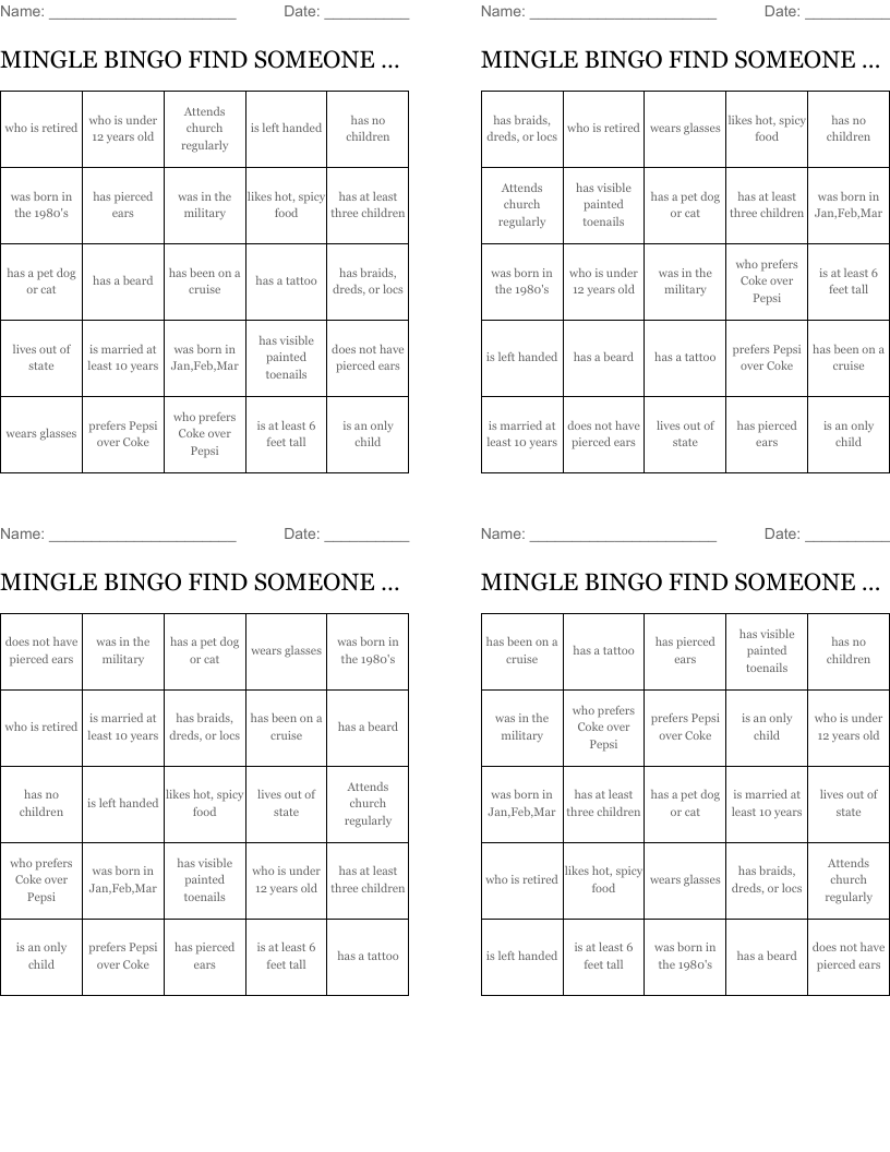 MINGLE BINGO  FIND SOMEONE WHO.....