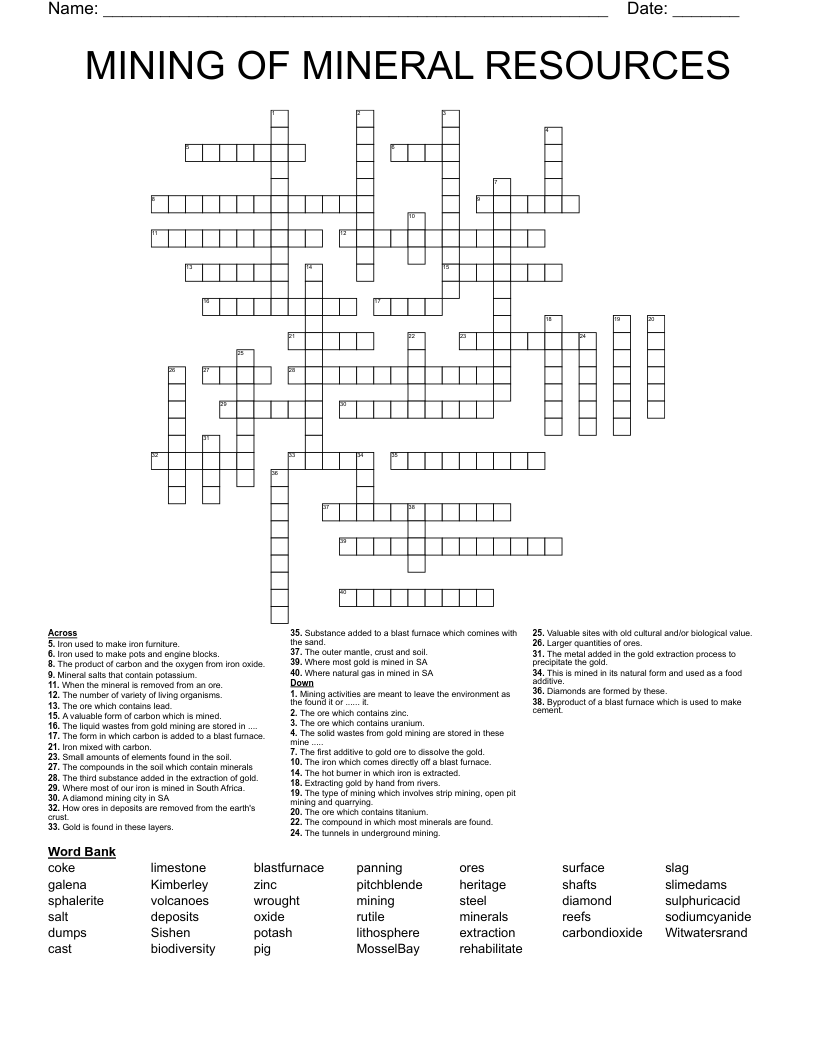 MINING OF MINERAL RESOURCES Crossword