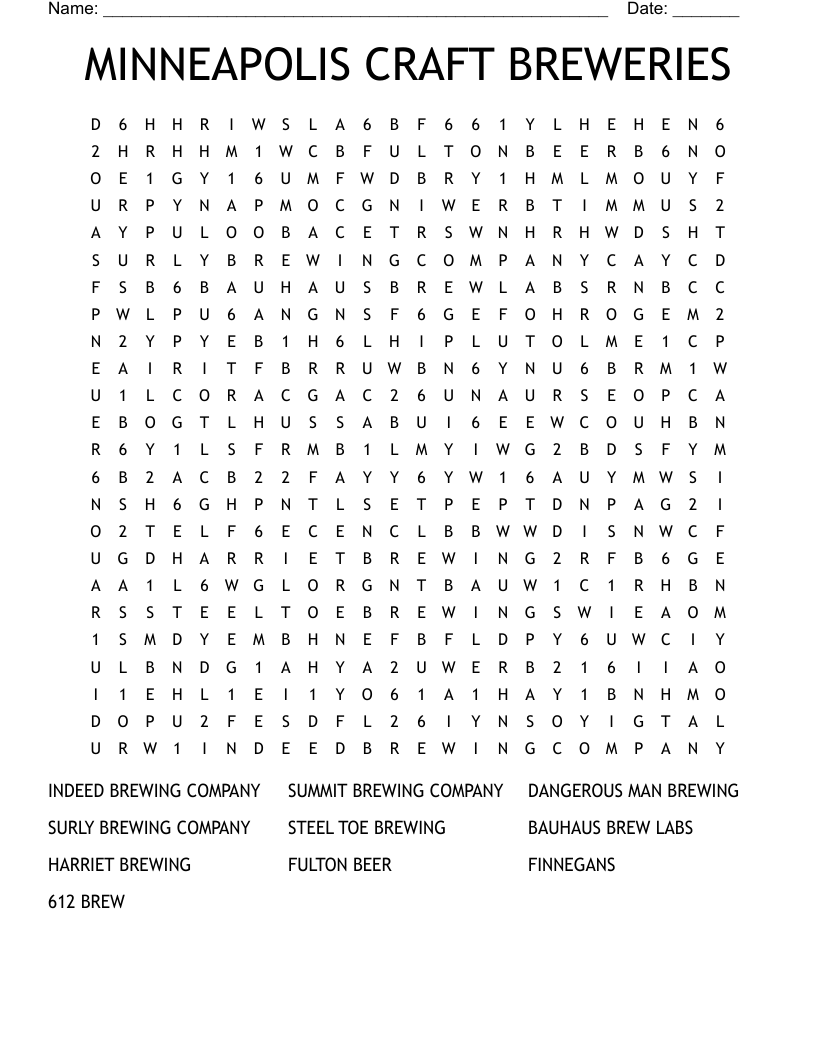 MINNEAPOLIS CRAFT BREWERIES Word Search