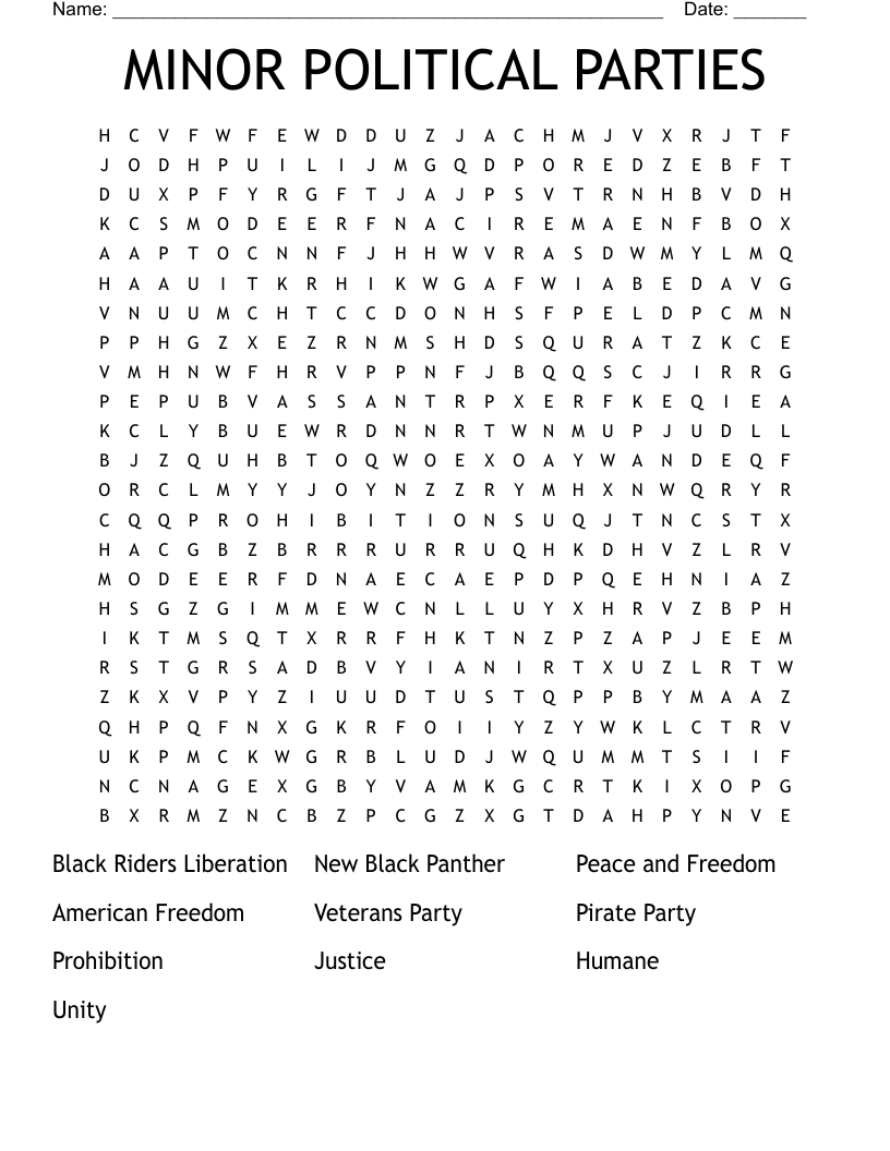 MINOR POLITICAL PARTIES Word Search