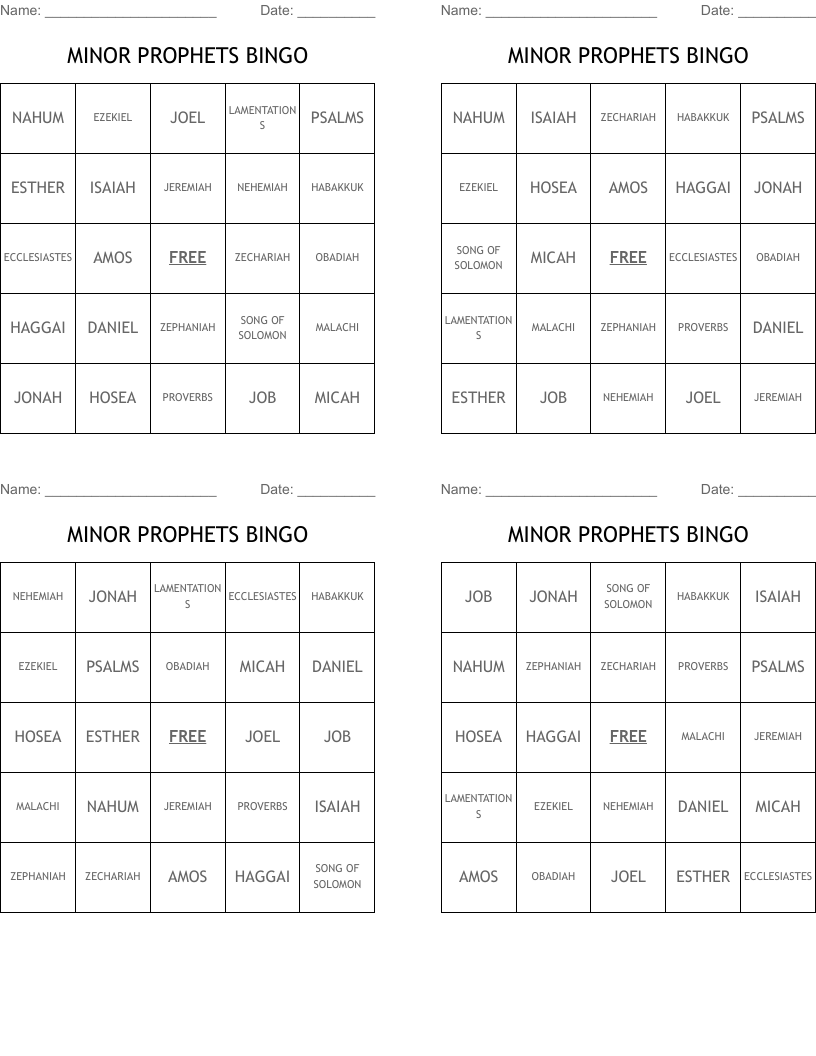 MINOR PROPHETS BINGO