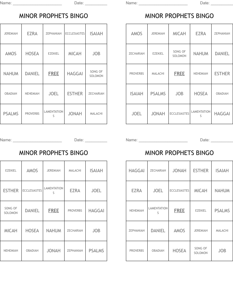 MINOR PROPHETS BINGO