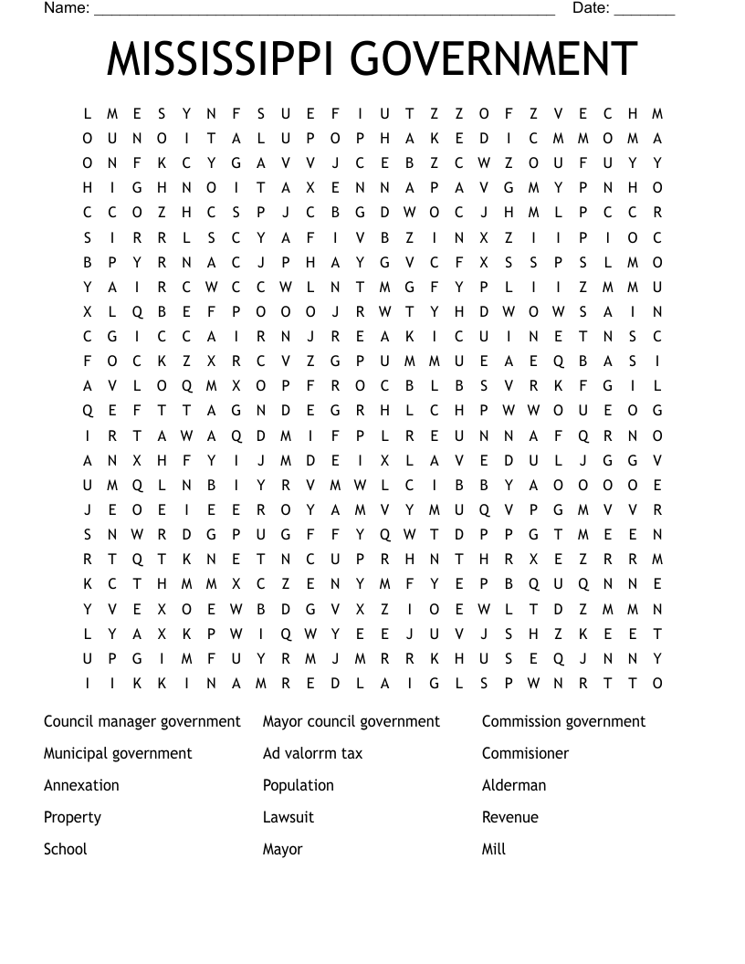 MISSISSIPPI GOVERNMENT Word Search
