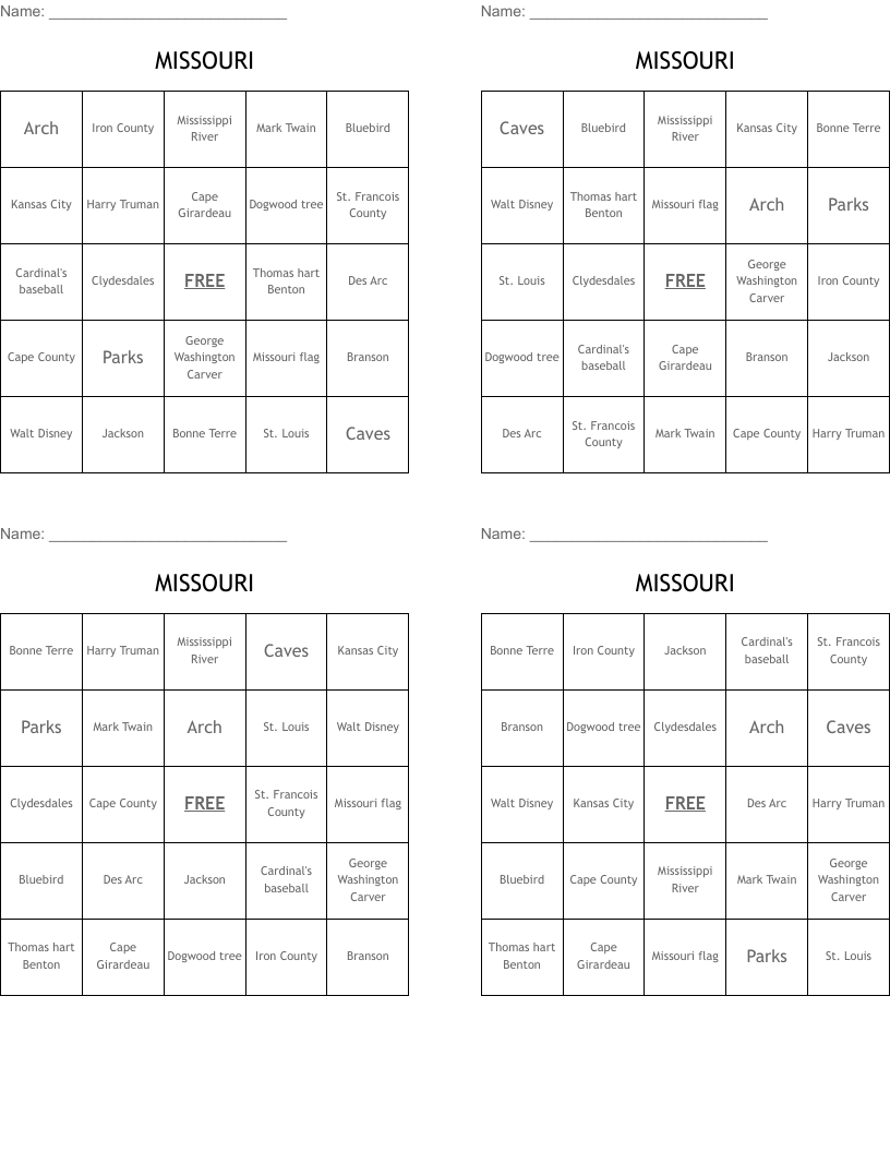 MISSOURI Bingo Cards