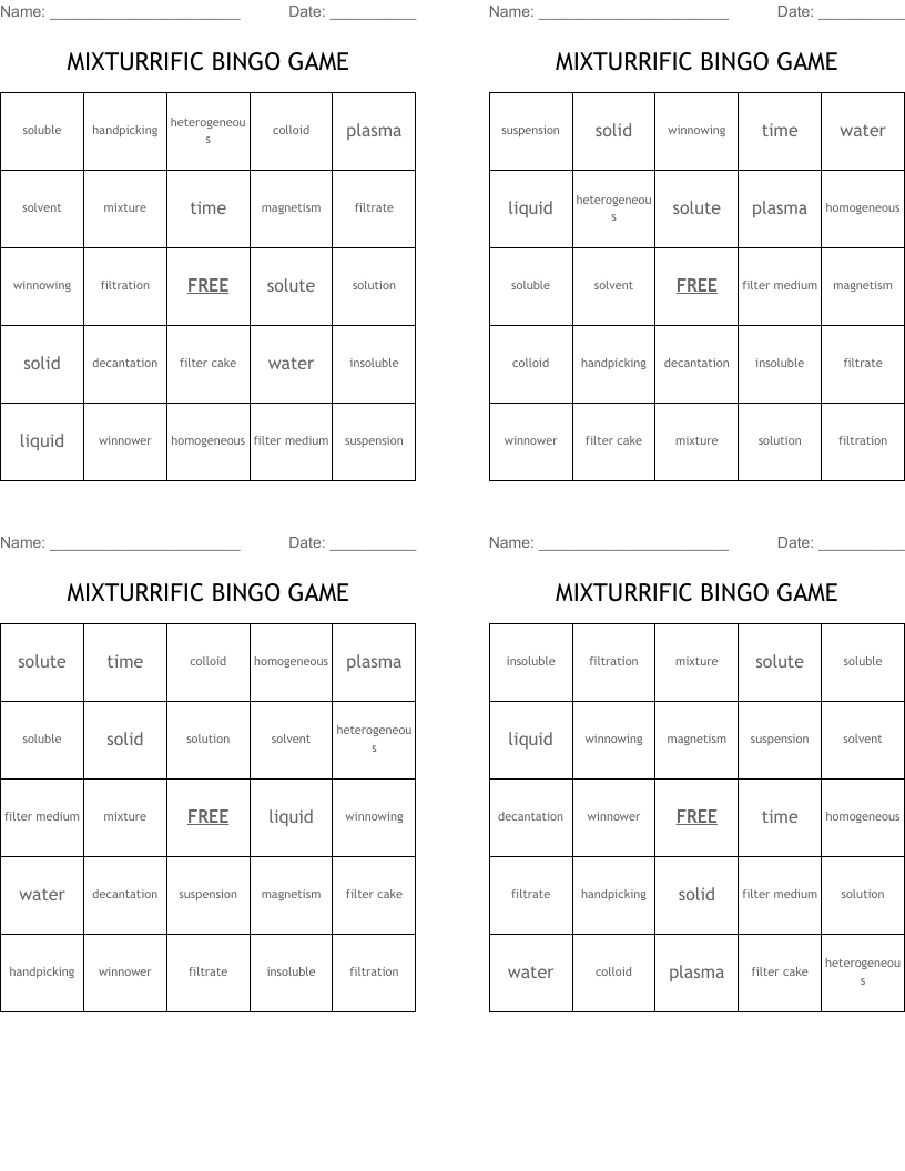 MIXTURRIFIC BINGO GAME