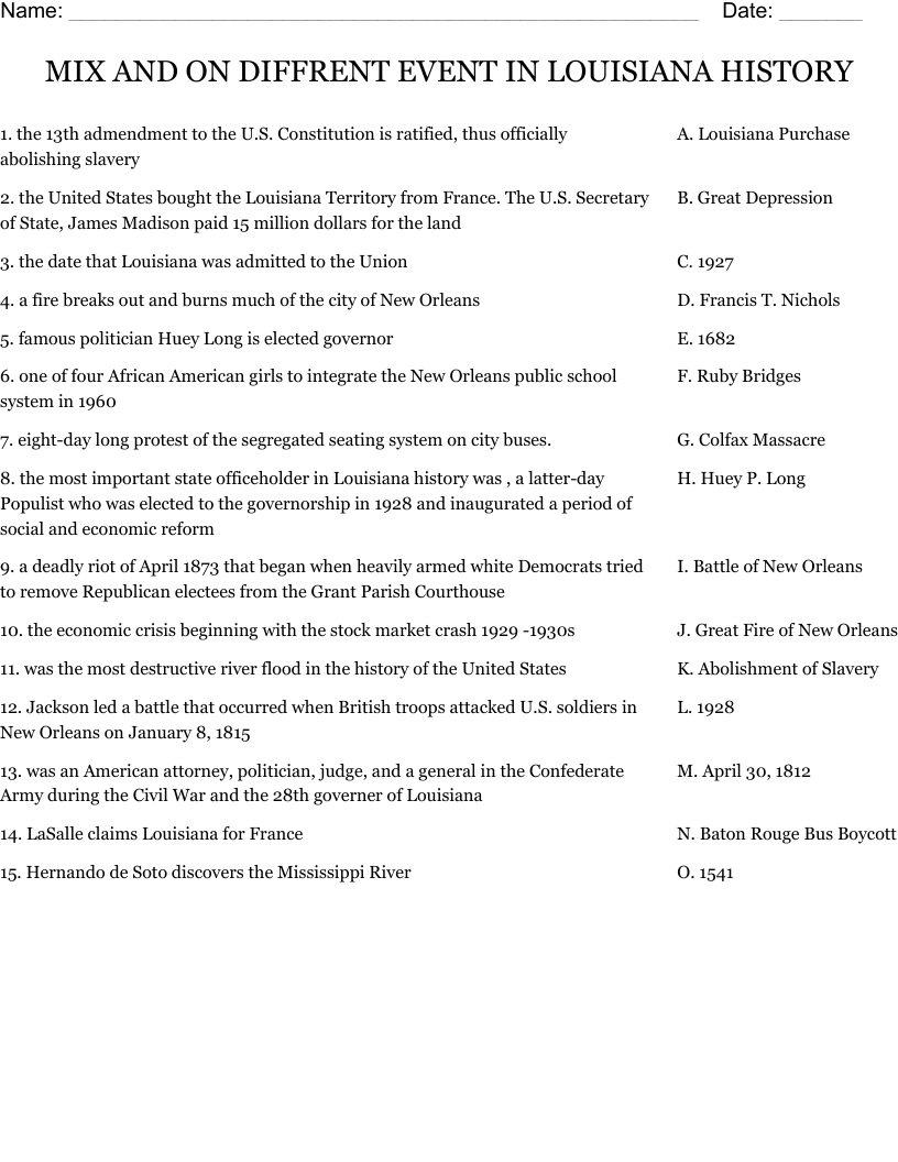 MIX AND ON DIFFRENT EVENT IN LOUISIANA HISTORY Worksheet