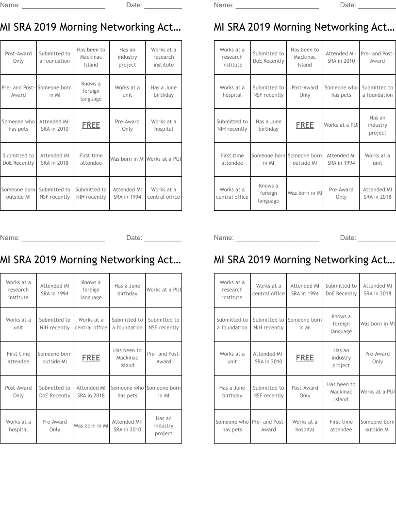 MI SRA 2019 Morning Networking Activity Bingo Cards