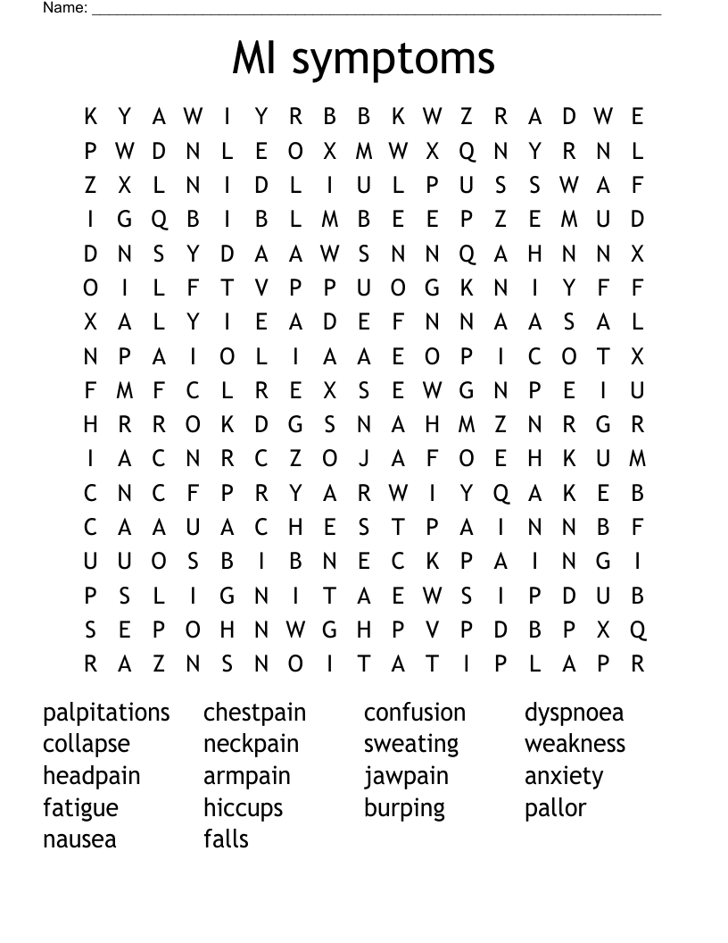 MI symptoms Word Search