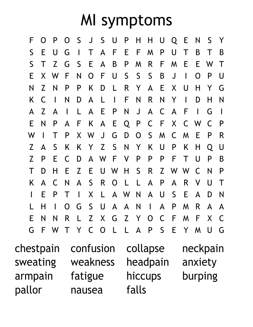 MI symptoms Word Search